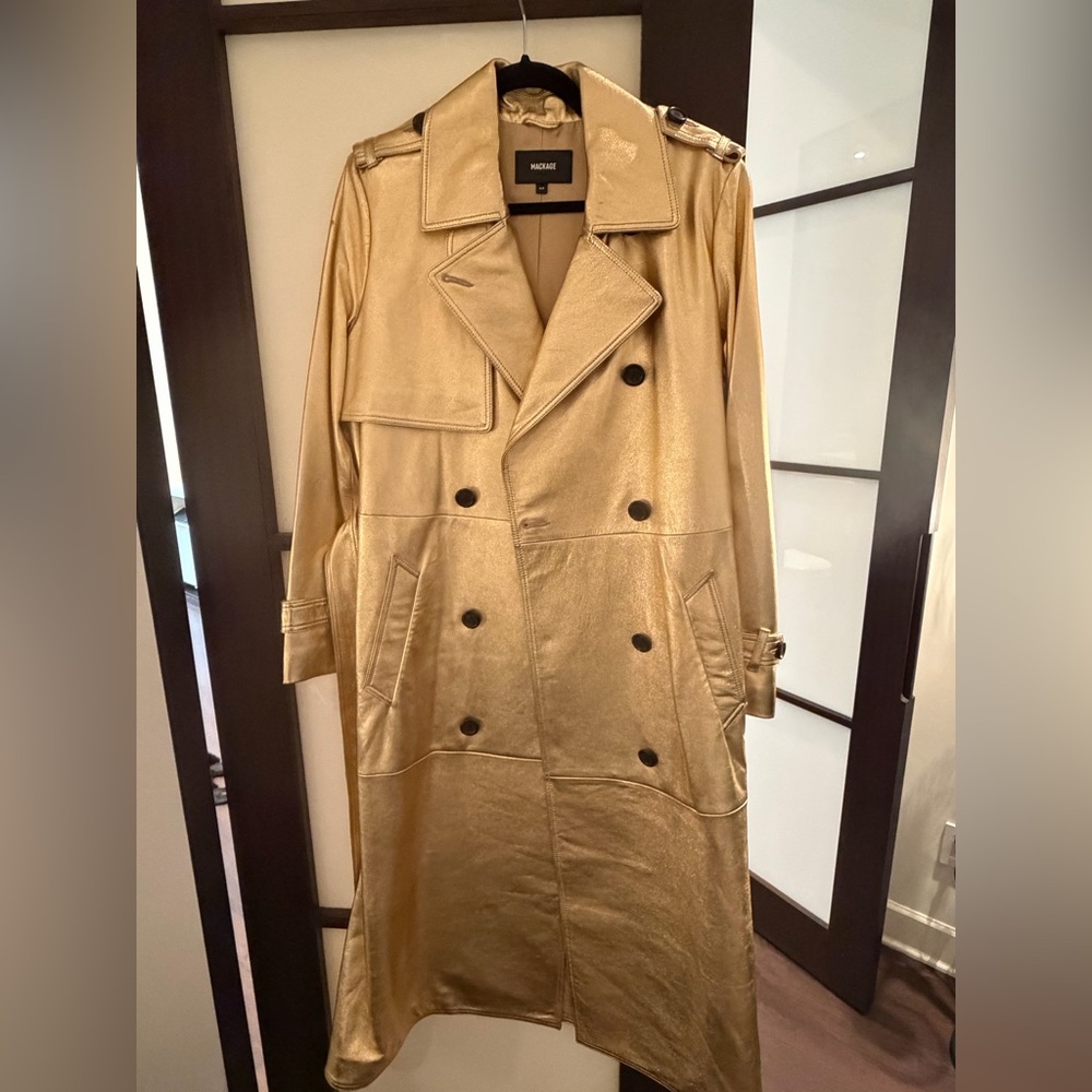 Mackage Metallic Gold Double-Breasted Trench Coat
